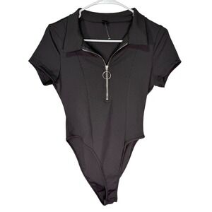 SHEIN Ribbed Zip Front Bodysuit Black Collared Short Sleeve Snap Closure Large